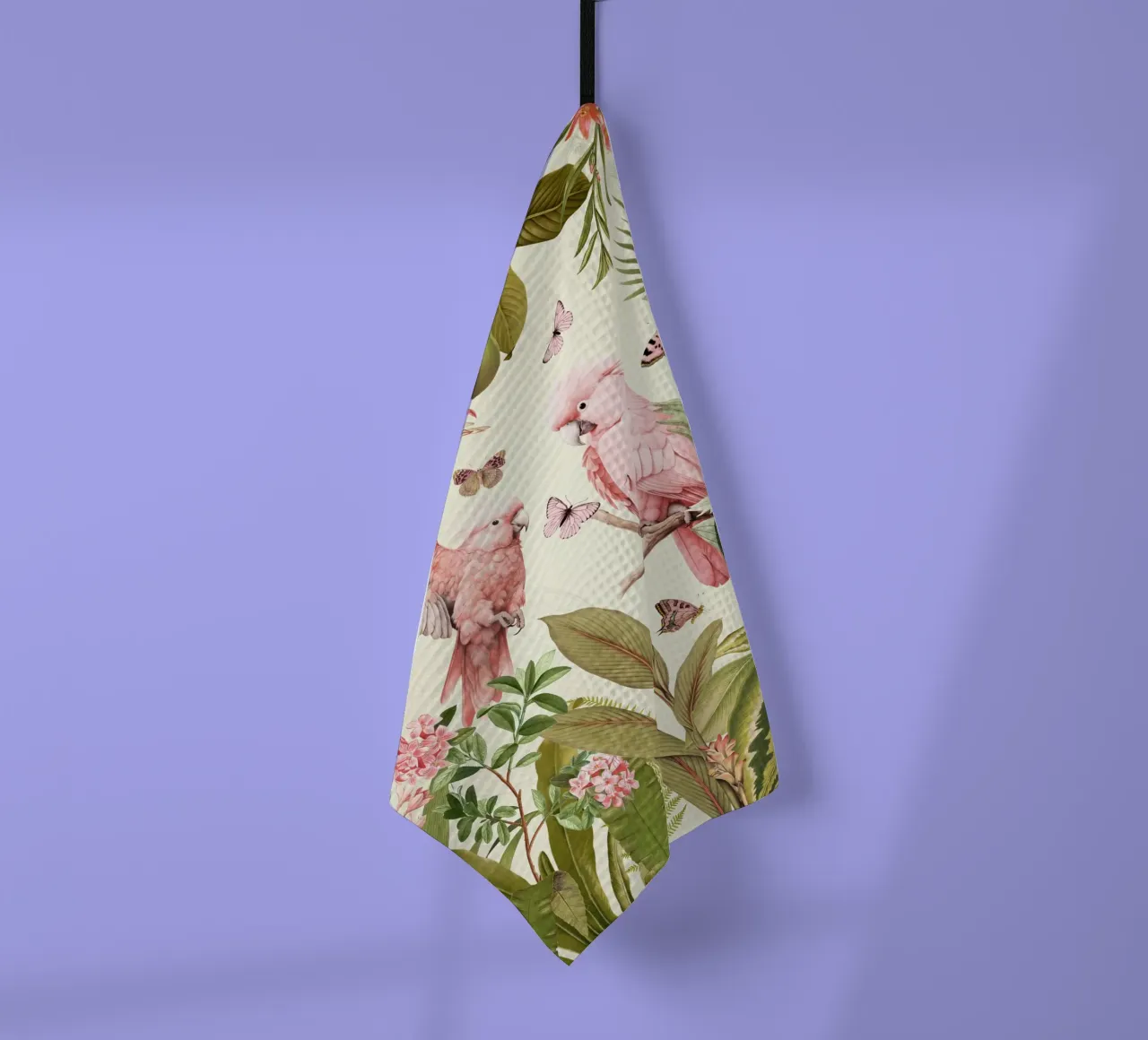 Des perroquets roses nostalgiques dansent dans un jardin de jungle tropicale 1 torchon de Vintage World - Uta Naumann