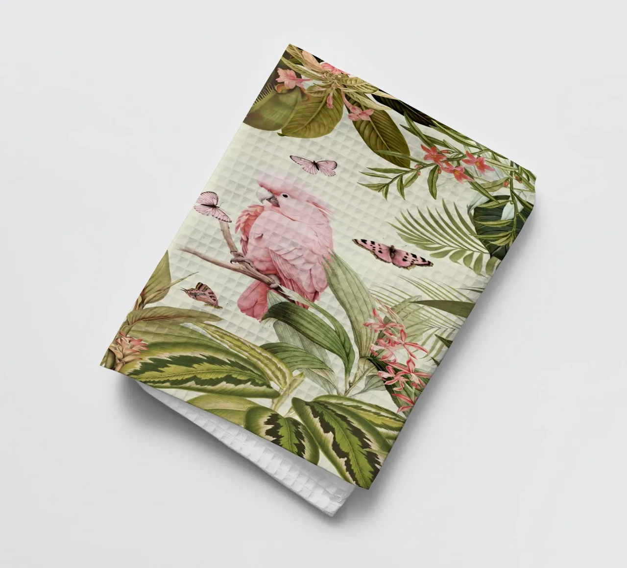 Des perroquets roses nostalgiques dansent dans un jardin de jungle tropicale 1 torchon de Vintage World - Uta Naumann
