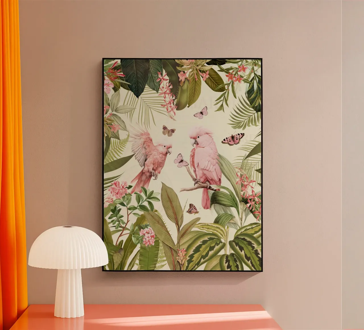 Nostálgicos loros rosas bailan en un jardín selvático tropical 1 metacrilato de Vintage World - Uta Naumann
