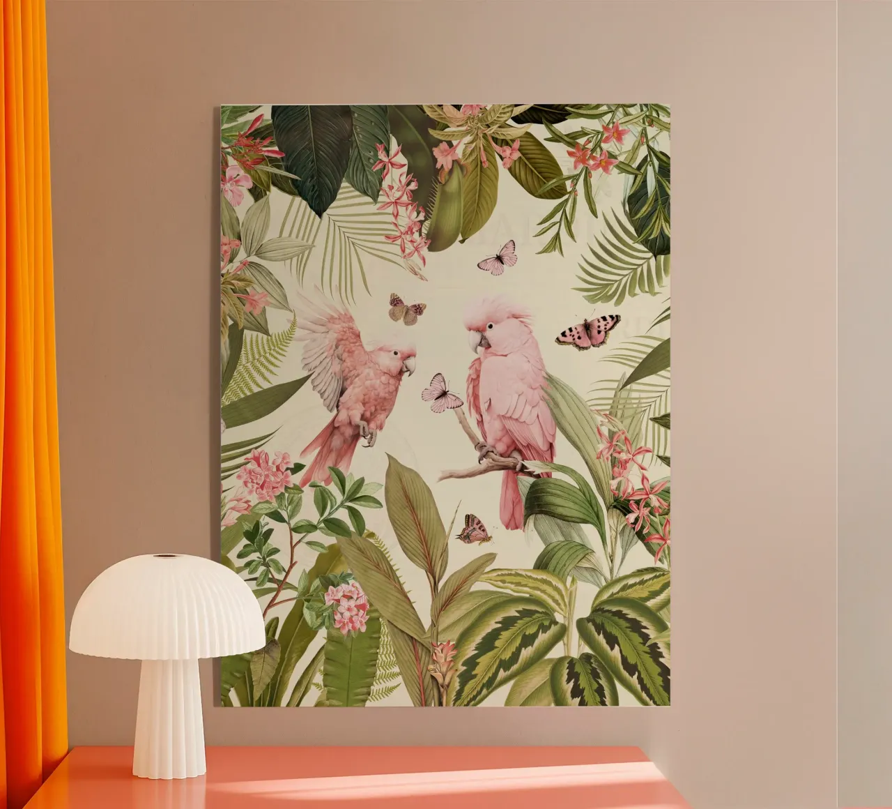 Nostálgicos loros rosas bailan en un jardín selvático tropical 1 metacrilato de Vintage World - Uta Naumann