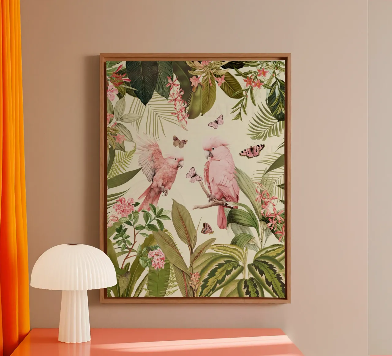 Nostalgici pappagalli rosa danzano in un giardino della giungla tropicale 1 tela con Cornice a cassetta da Vintage World - Uta Naumann