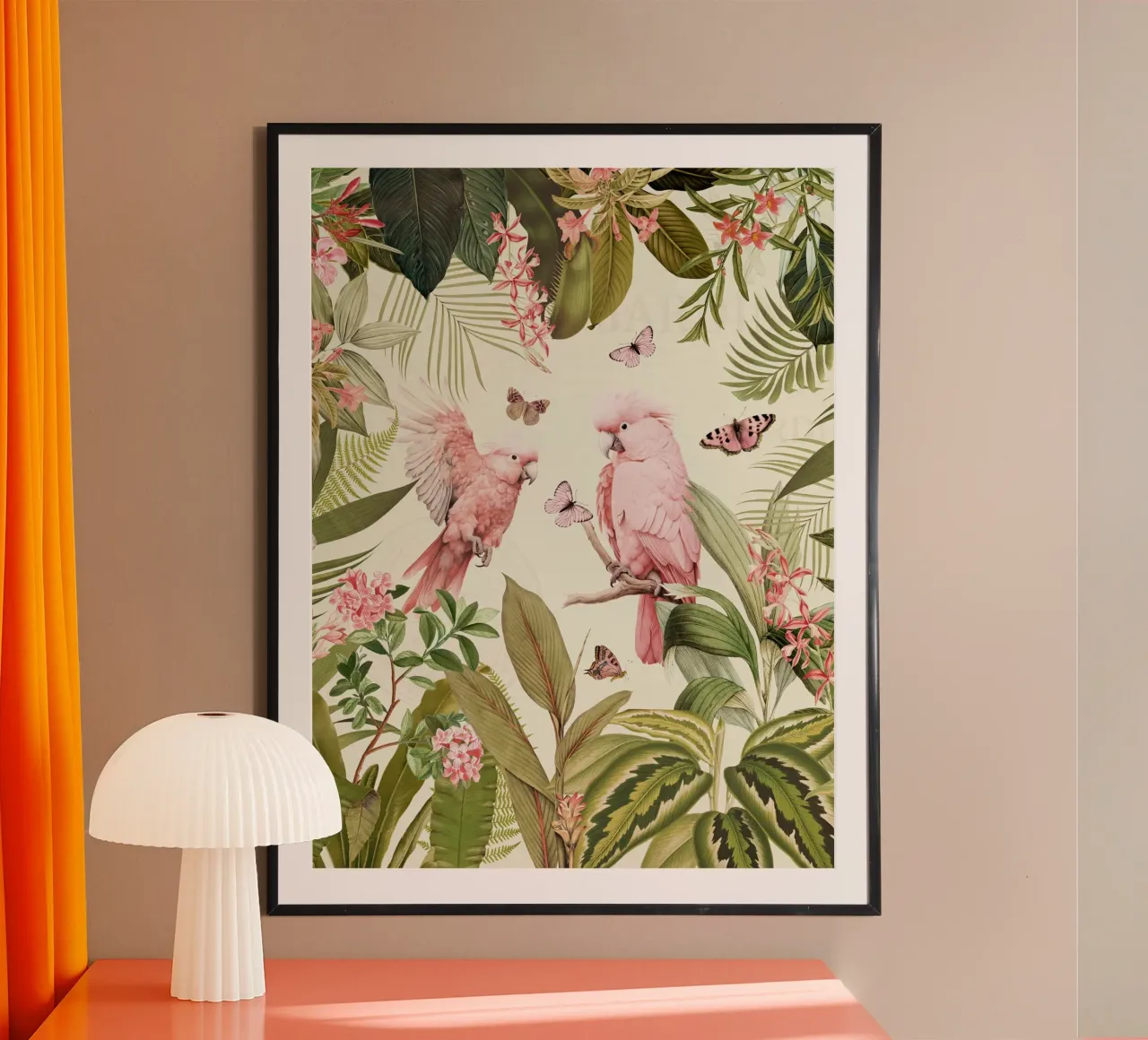 Nostálgicos loros rosas bailan en un jardín selvático tropical 1 hahnemühle de Vintage World - Uta Naumann