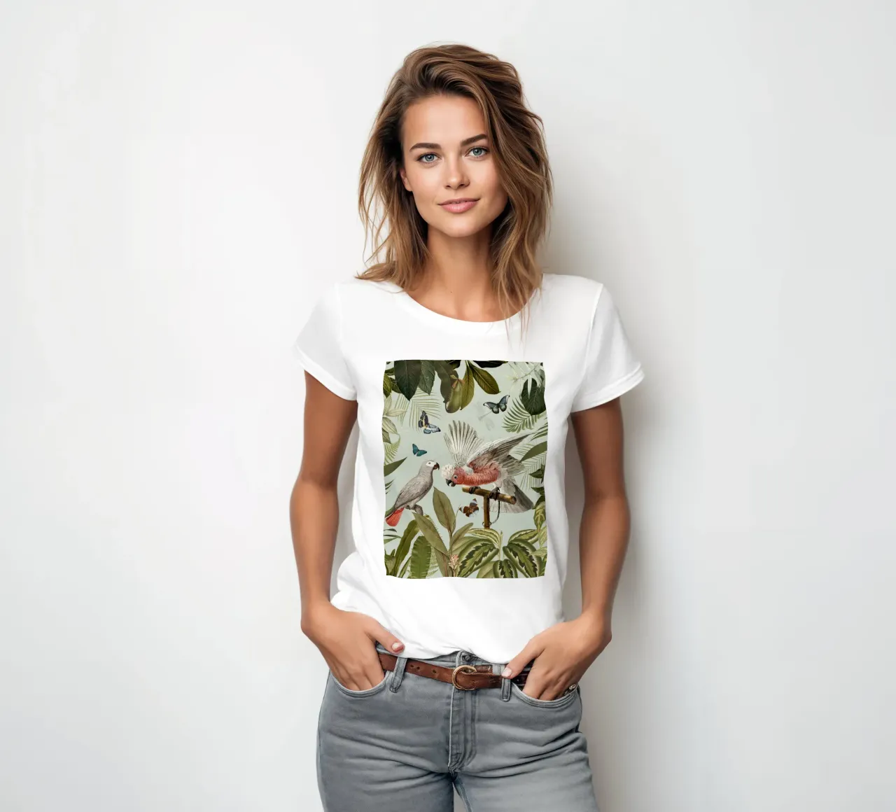 Nostalgic Tropical Parrots Fight In Jungle Landscape 1 women's fitted t-shirt by Vintage World - Uta Naumann