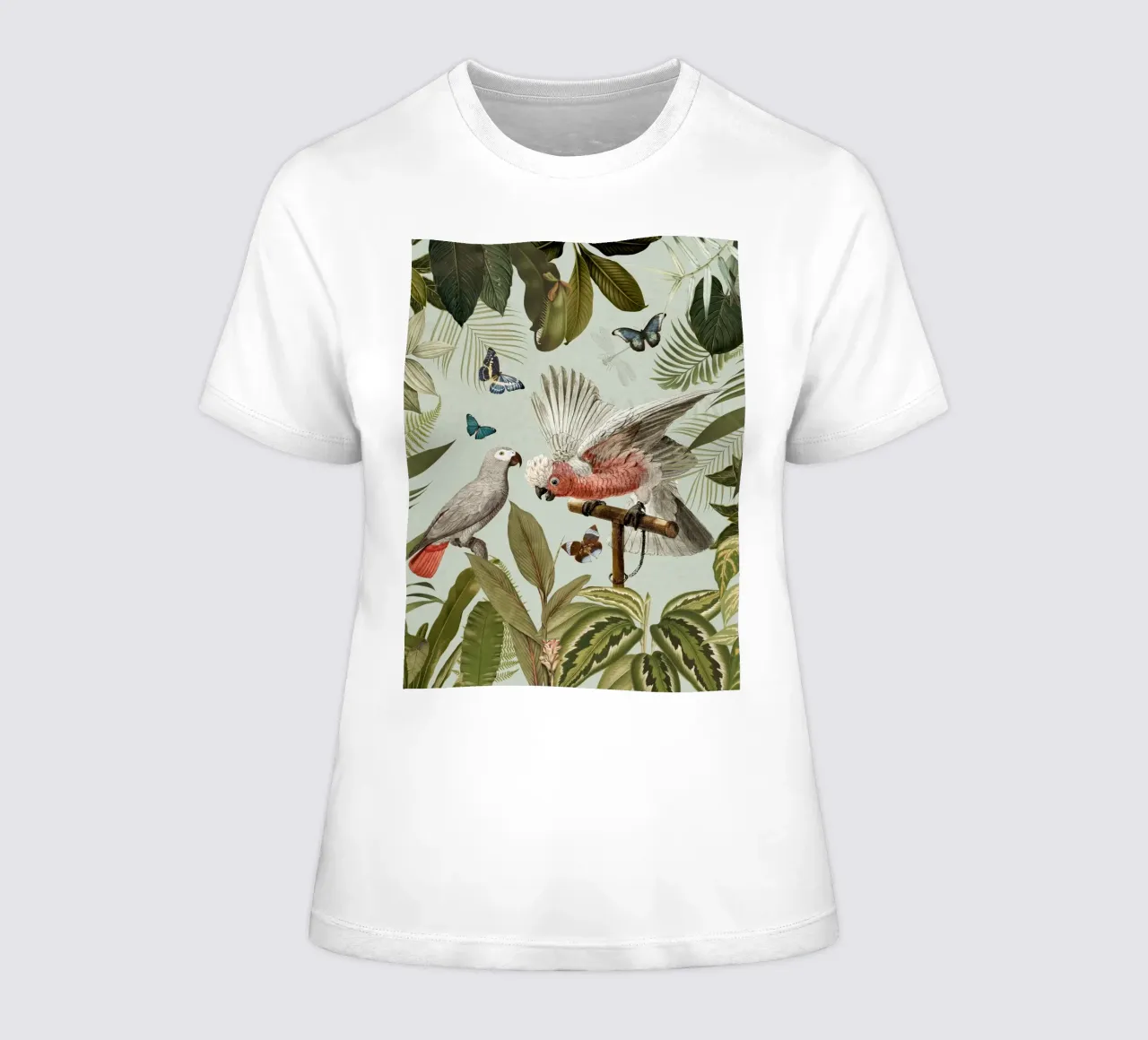 Nostalgic Tropical Parrots Fight In Jungle Landscape 1 women's fitted t-shirt by Vintage World - Uta Naumann