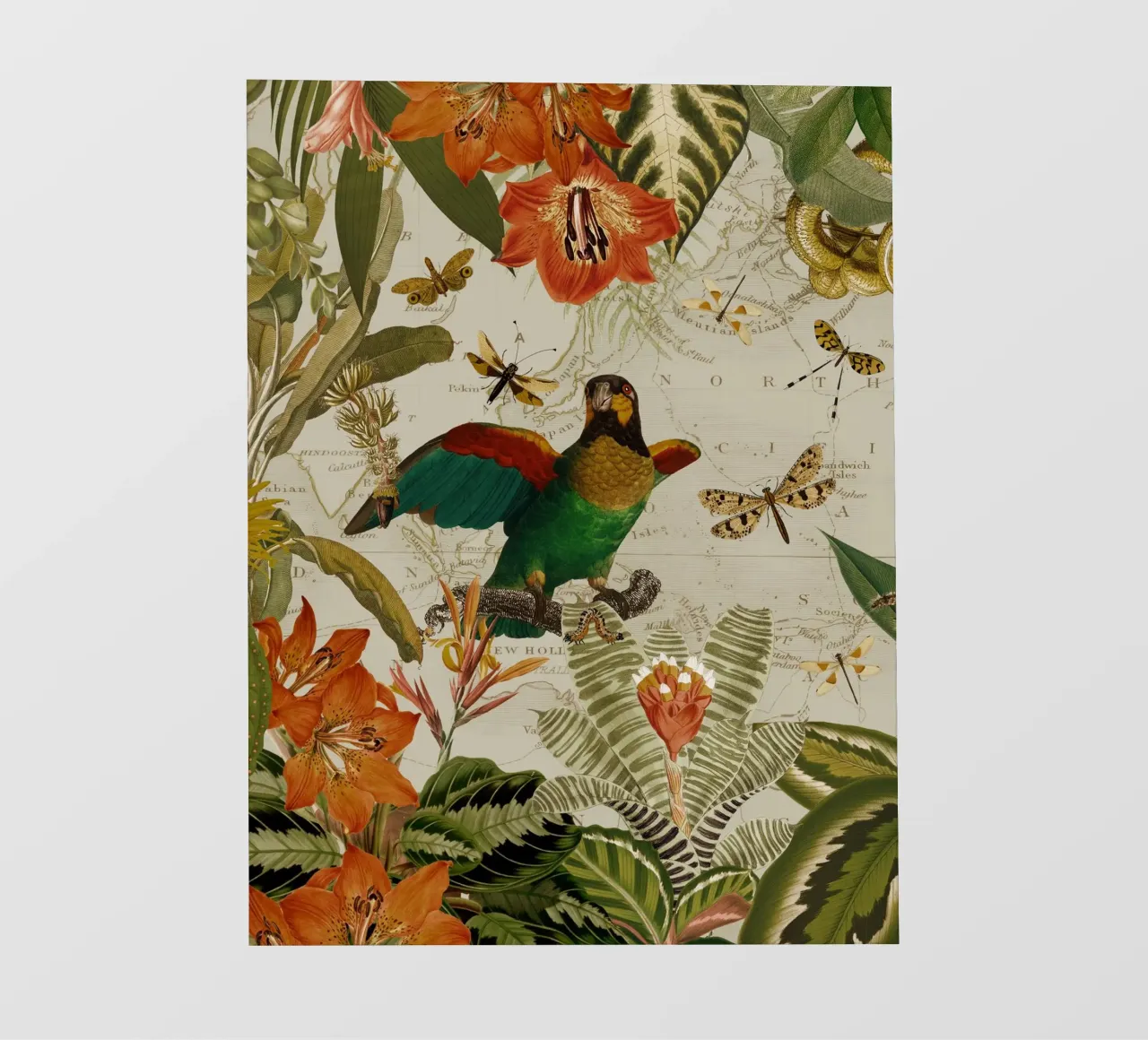 Pappagalli esotici colorati e nostalgici in una giungla tropicale telo in pvc da Vintage World - Uta Naumann
