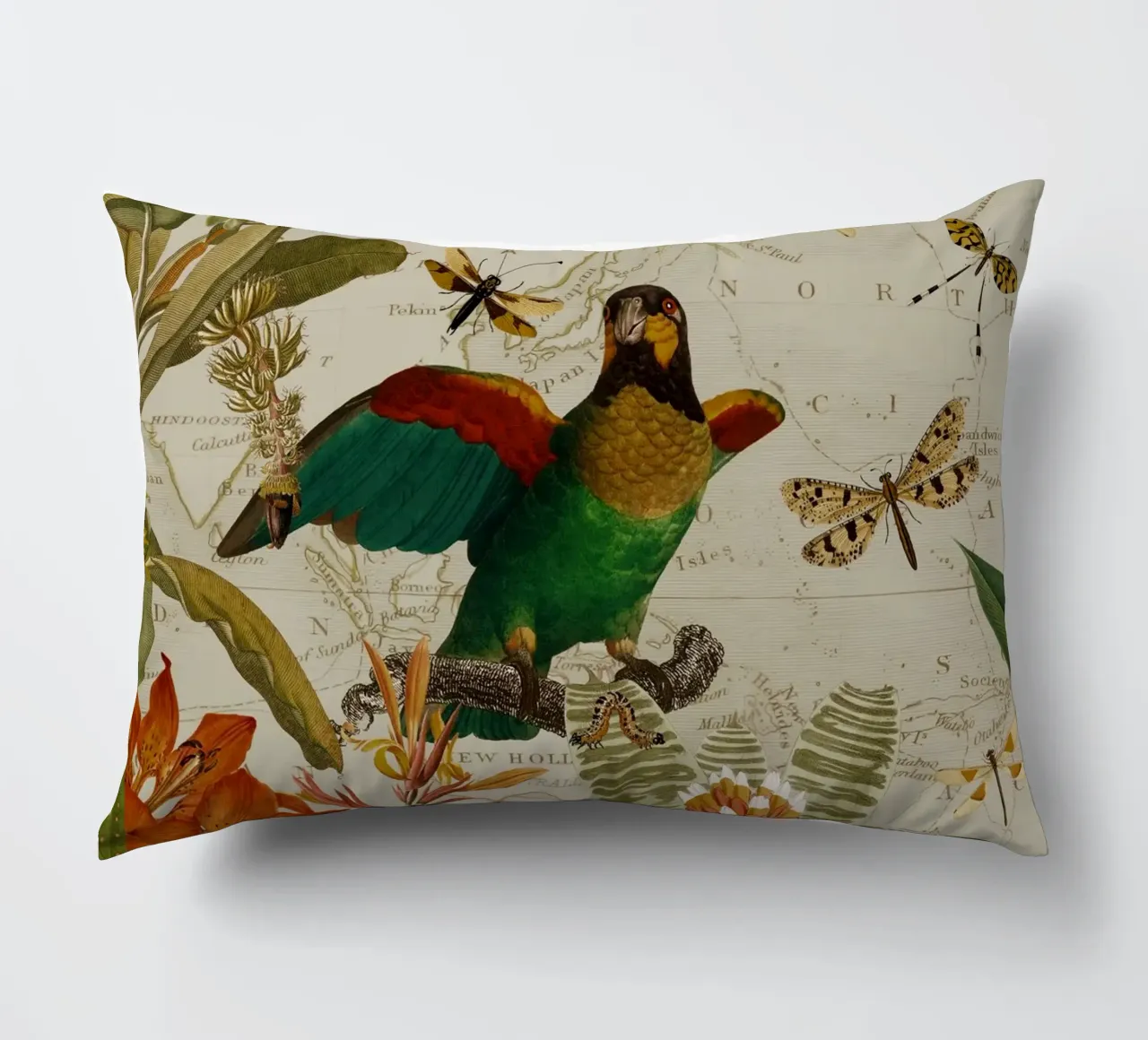 Pappagalli esotici colorati e nostalgici in una giungla tropicale cuscino da Vintage World - Uta Naumann