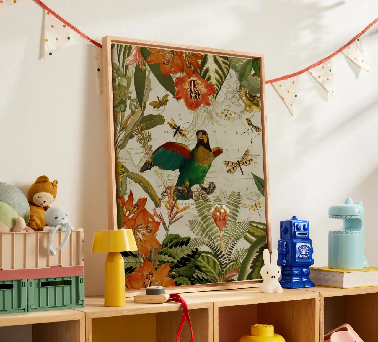 Pappagalli esotici colorati e nostalgici in una giungla tropicale tela da Vintage World - Uta Naumann