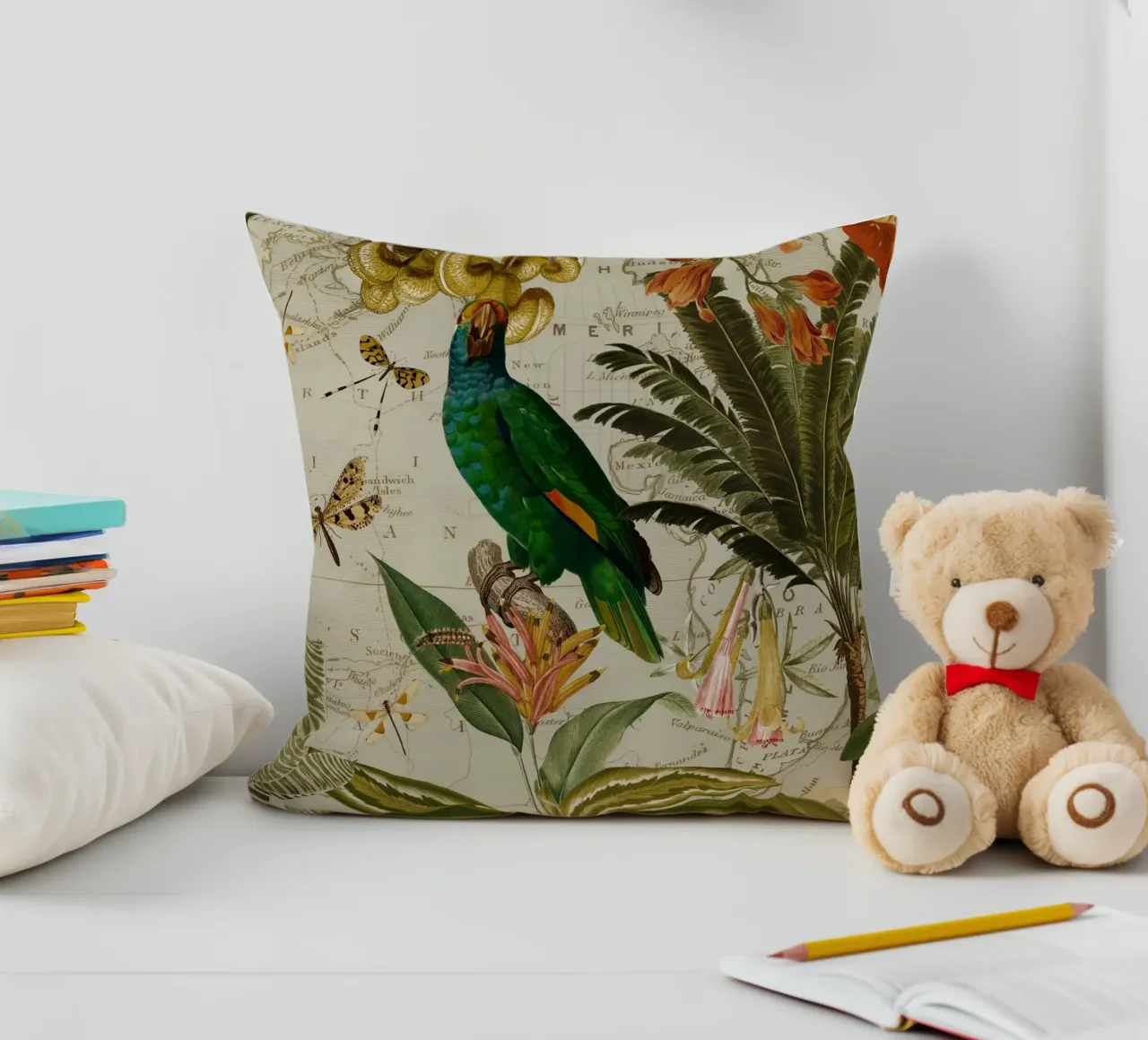 Pappagallo esotico colorato e nostalgico in una giungla tropicale 2 cuscino da Vintage World - Uta Naumann