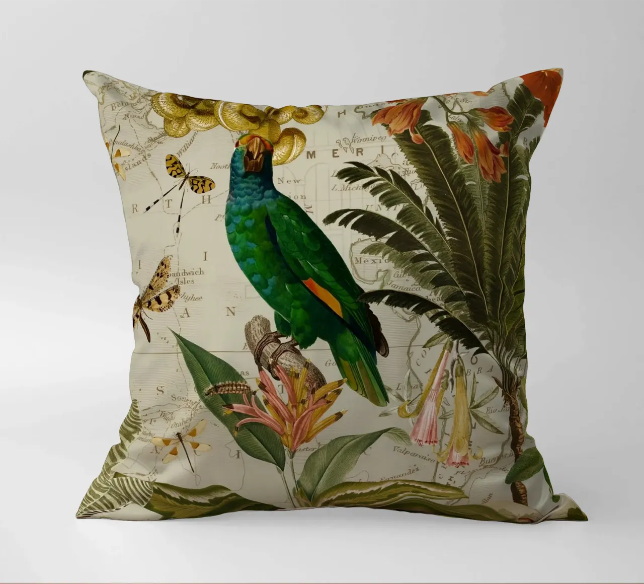 Pappagallo esotico colorato e nostalgico in una giungla tropicale 2 cuscino da Vintage World - Uta Naumann