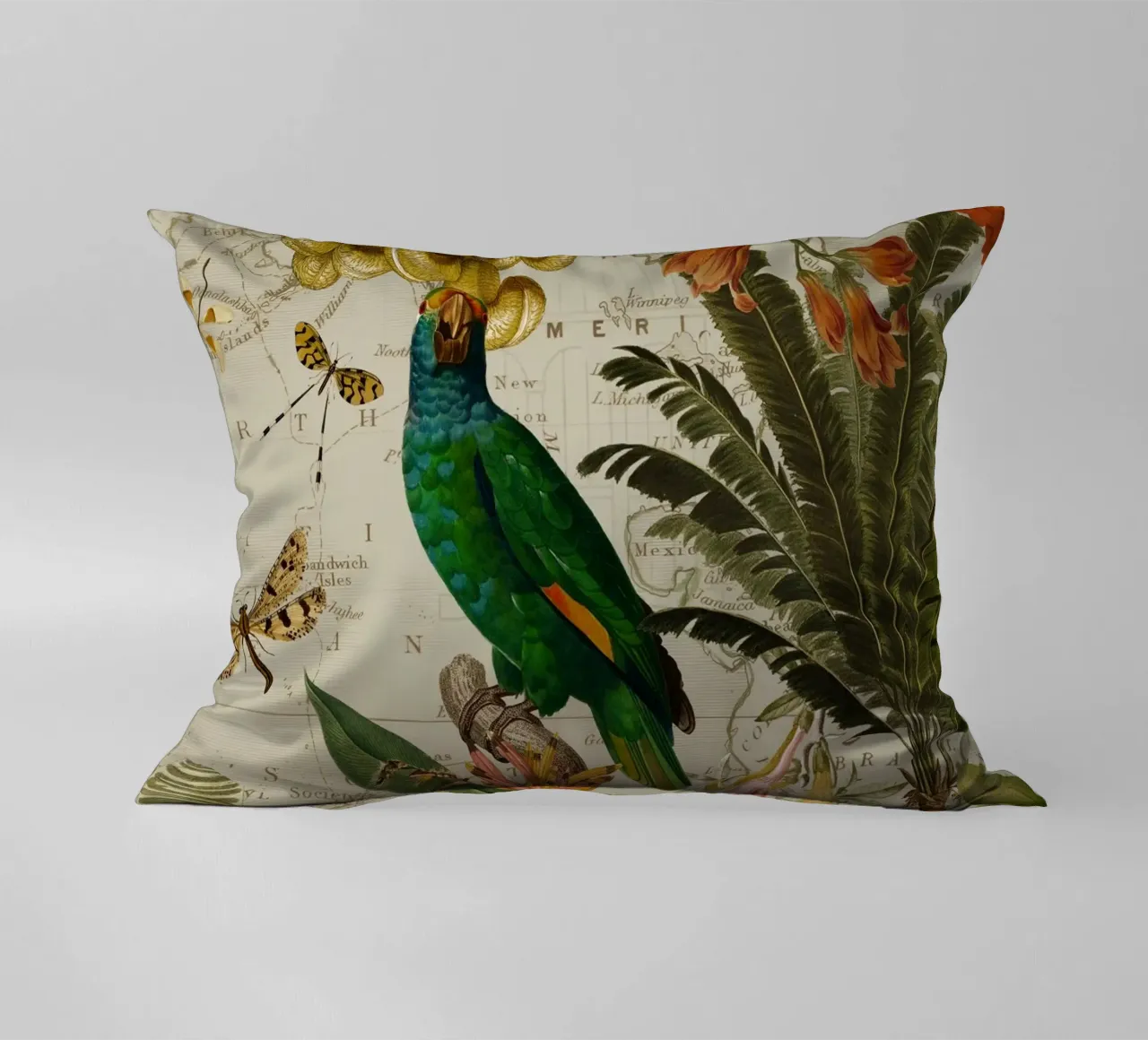 Pappagallo esotico colorato e nostalgico in una giungla tropicale 2 cuscino da Vintage World - Uta Naumann
