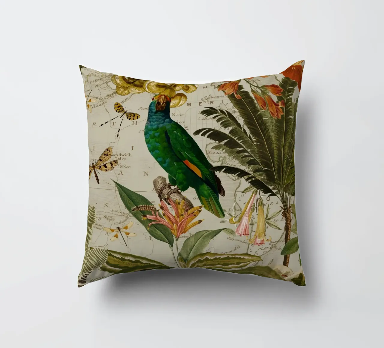Pappagallo esotico colorato e nostalgico in una giungla tropicale 2 cuscino da Vintage World - Uta Naumann