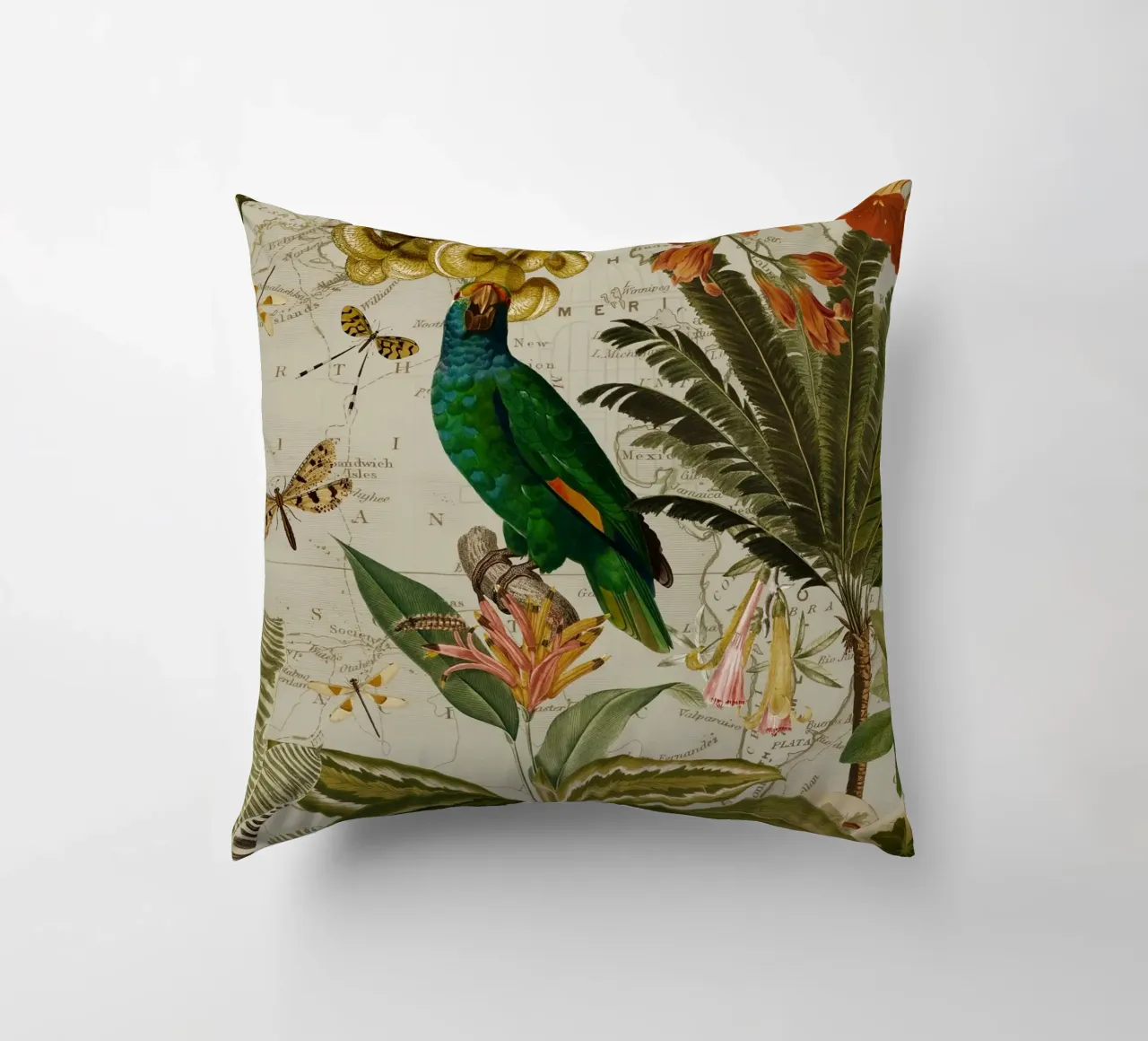Pappagallo esotico colorato e nostalgico in una giungla tropicale 2 cuscino da Vintage World - Uta Naumann