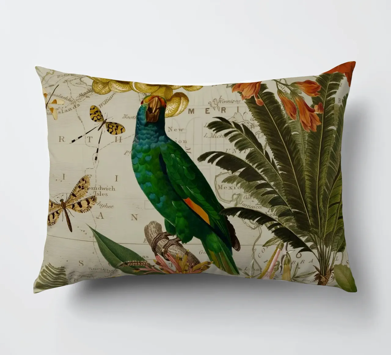 Pappagallo esotico colorato e nostalgico in una giungla tropicale 2 cuscino da Vintage World - Uta Naumann