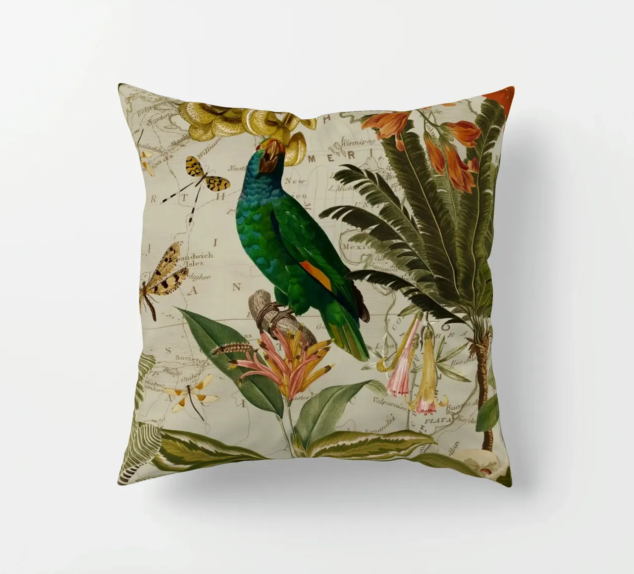Pappagallo esotico colorato e nostalgico in una giungla tropicale 2 cuscino da Vintage World - Uta Naumann