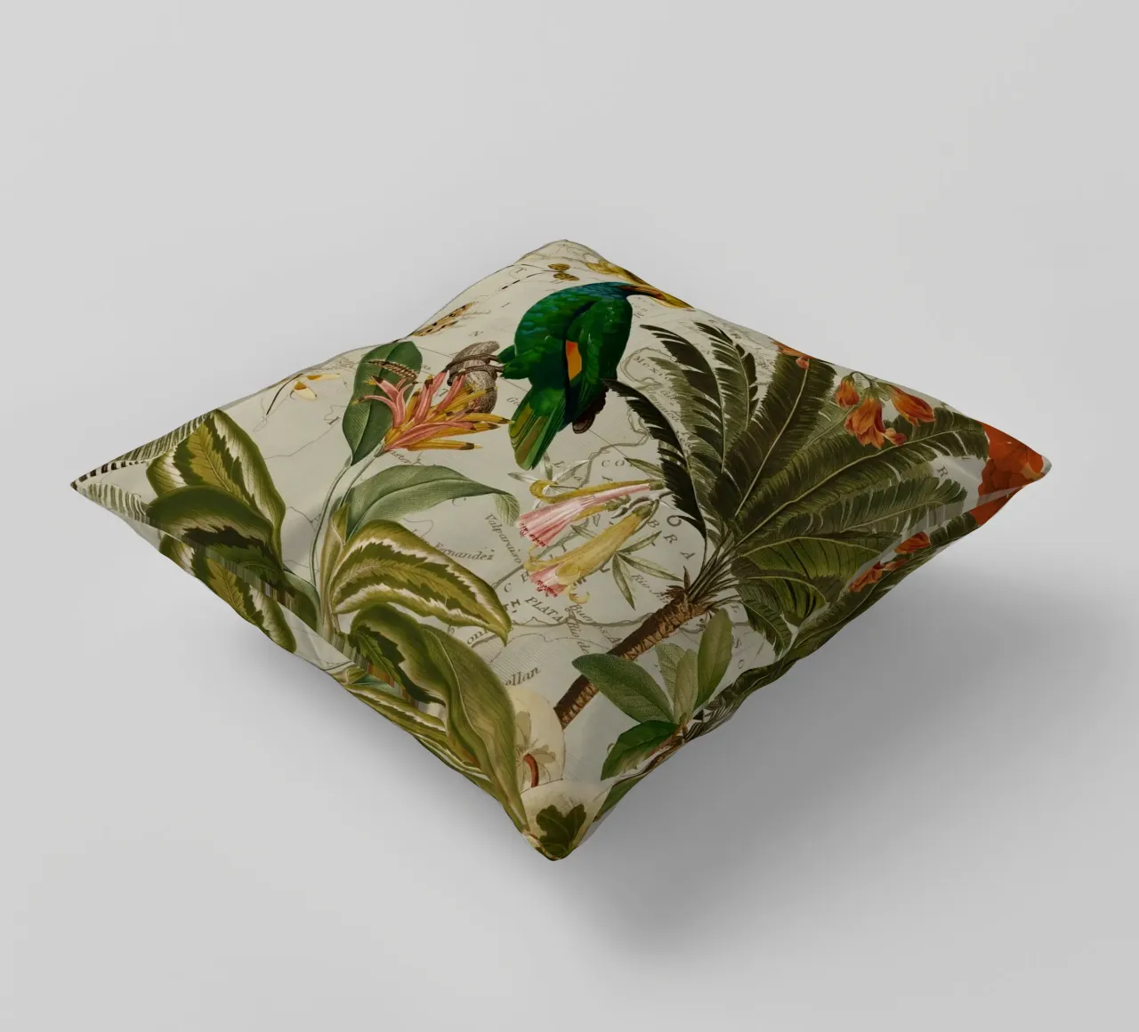 Pappagallo esotico colorato e nostalgico in una giungla tropicale 2 cuscino da Vintage World - Uta Naumann