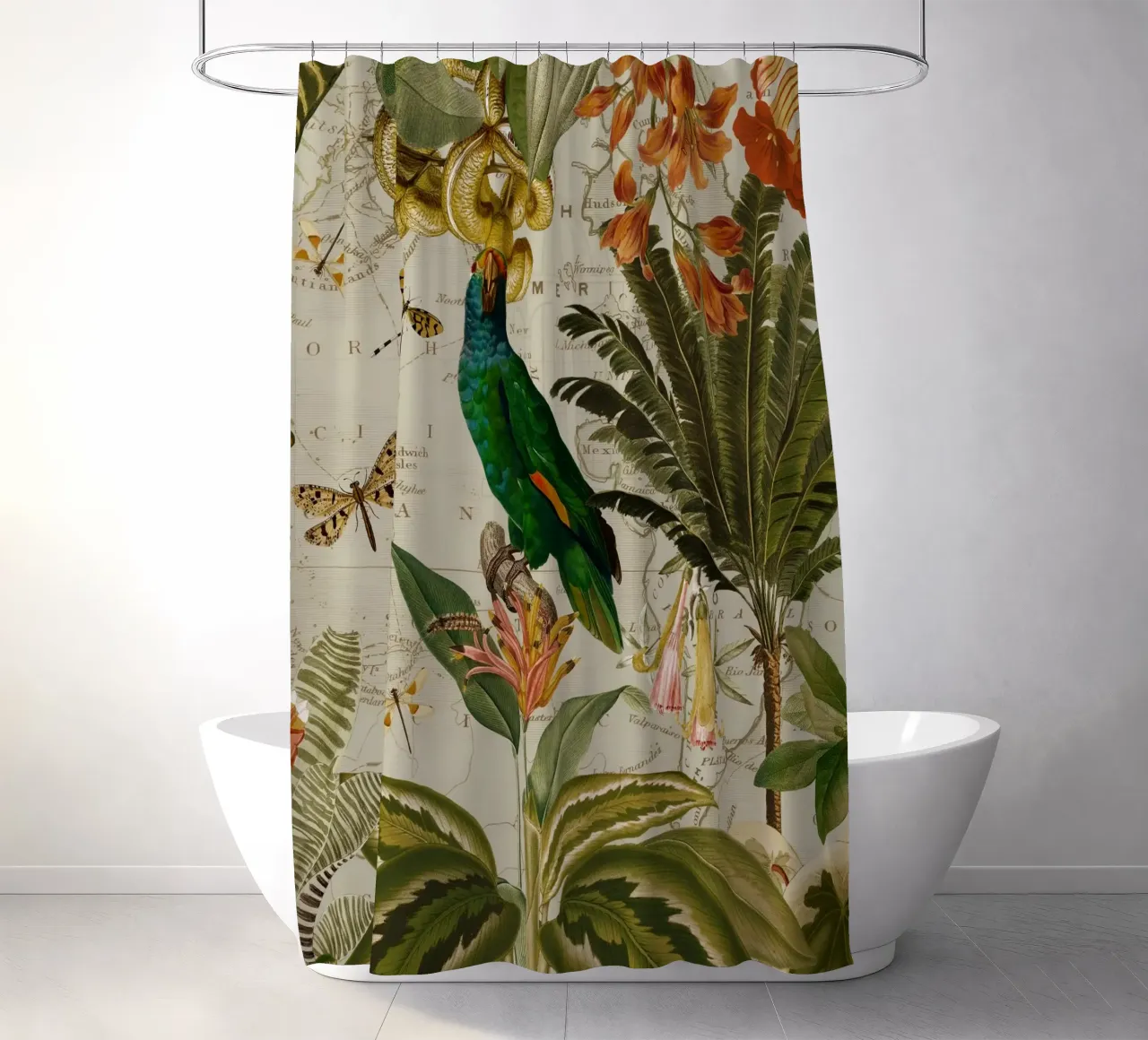 Pappagallo esotico colorato e nostalgico in una giungla tropicale 2 tenda da doccia da Vintage World - Uta Naumann