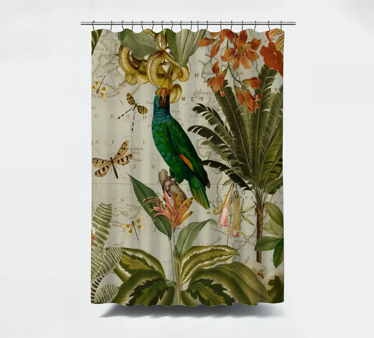 Pappagallo esotico colorato e nostalgico in una giungla tropicale 2 tenda da doccia da Vintage World - Uta Naumann
