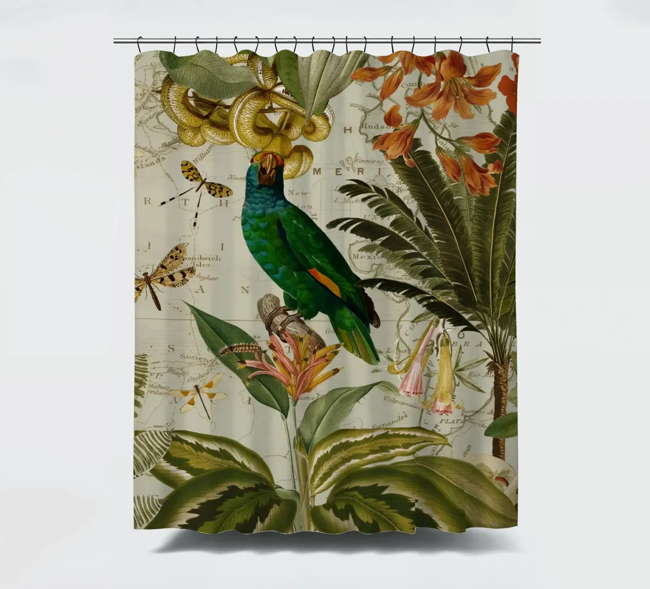 Pappagallo esotico colorato e nostalgico in una giungla tropicale 2 tenda da doccia da Vintage World - Uta Naumann