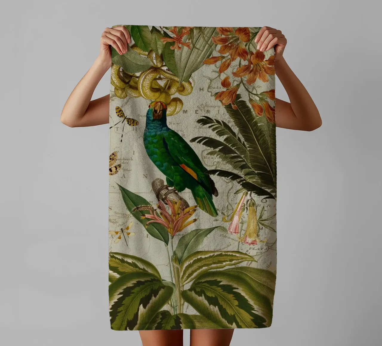 Pappagallo esotico colorato e nostalgico in una giungla tropicale 2 asciugamano da bagno da Vintage World - Uta Naumann