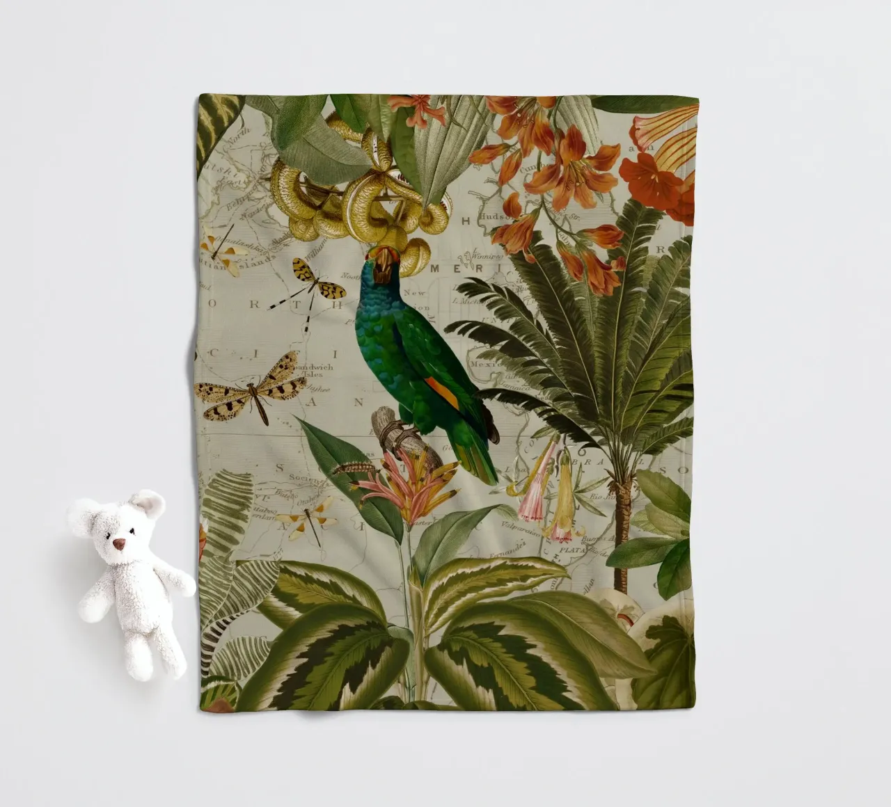 Pappagallo esotico colorato e nostalgico in una giungla tropicale 2 coperta in pile da Vintage World - Uta Naumann