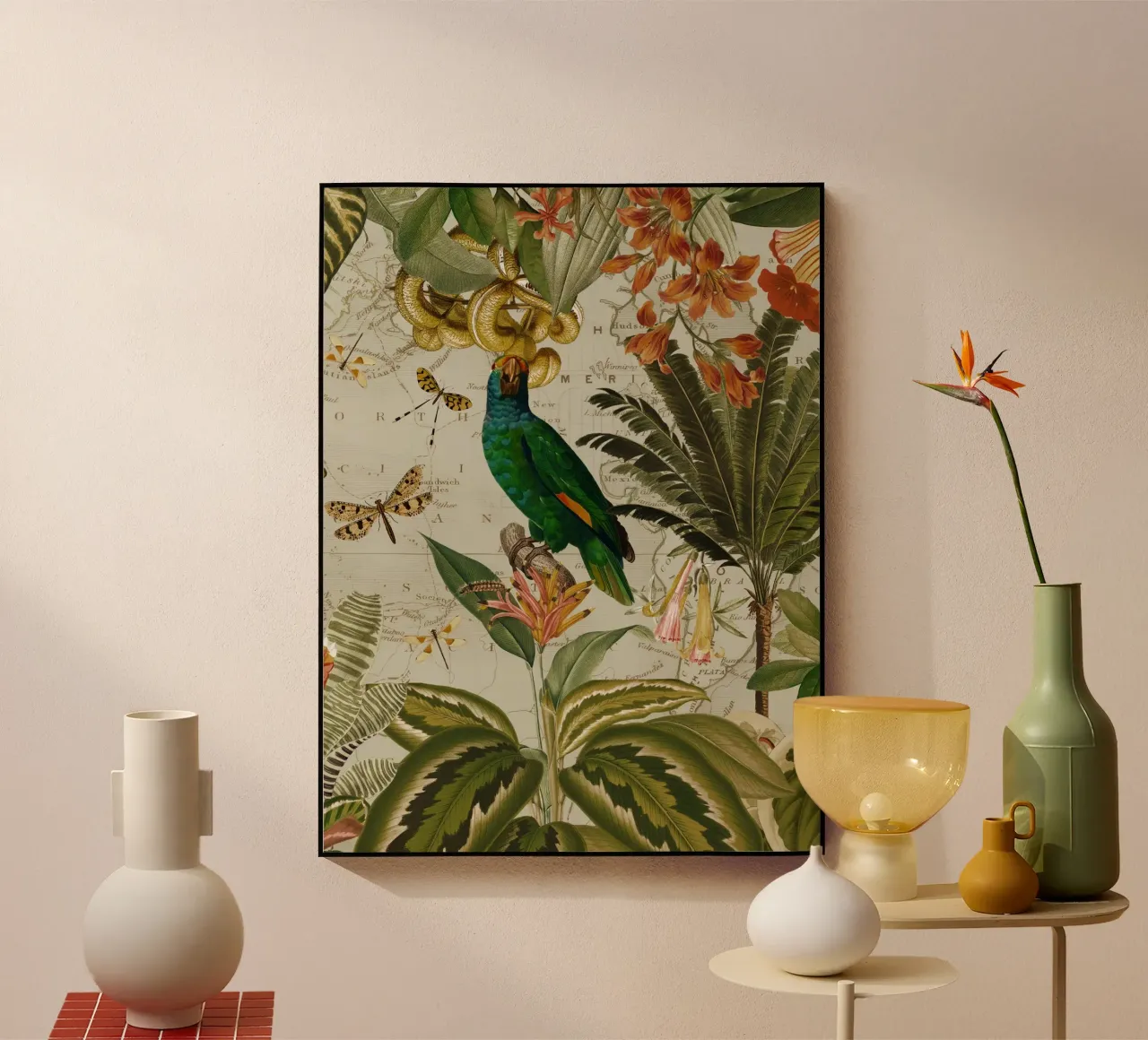 Pappagallo esotico colorato e nostalgico in una giungla tropicale 2 plexiglass da Vintage World - Uta Naumann