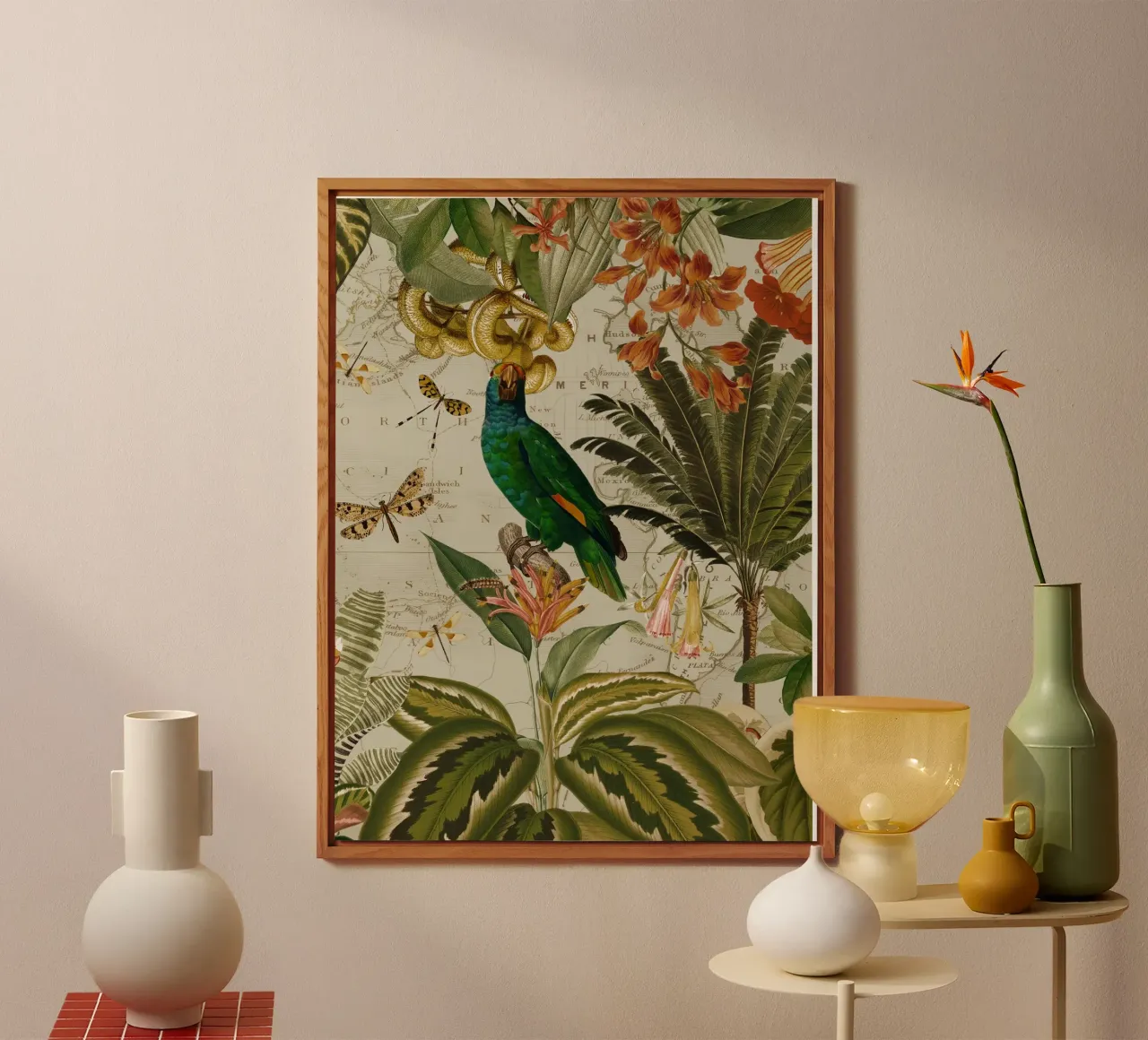 Pappagallo esotico colorato e nostalgico in una giungla tropicale 2 alluminio dibond da Vintage World - Uta Naumann