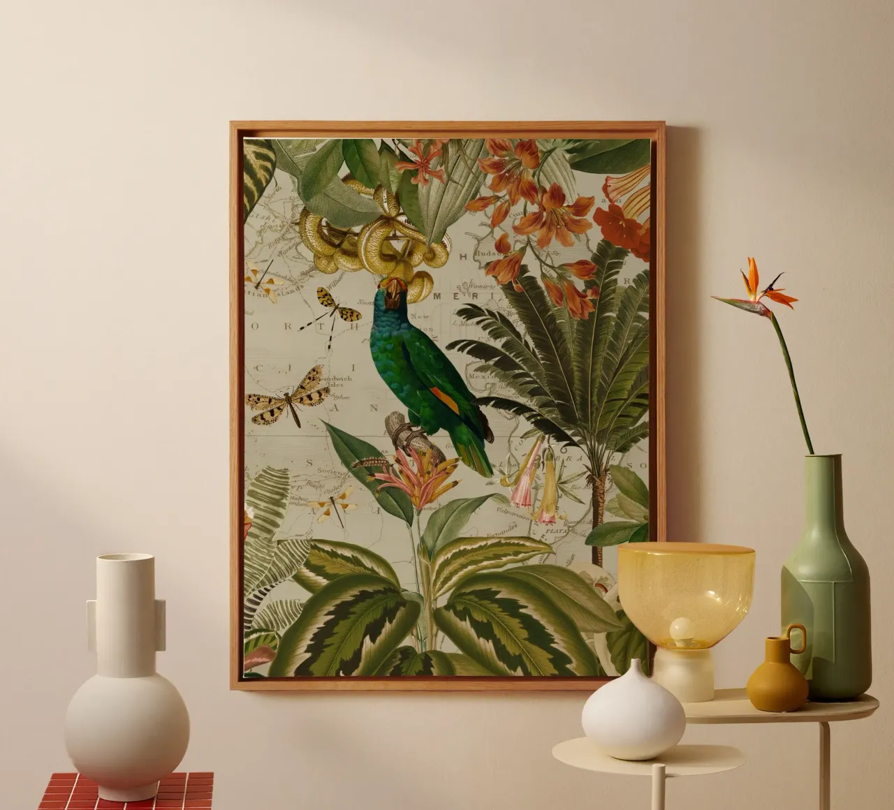 Pappagallo esotico colorato e nostalgico in una giungla tropicale 2 tela da Vintage World - Uta Naumann