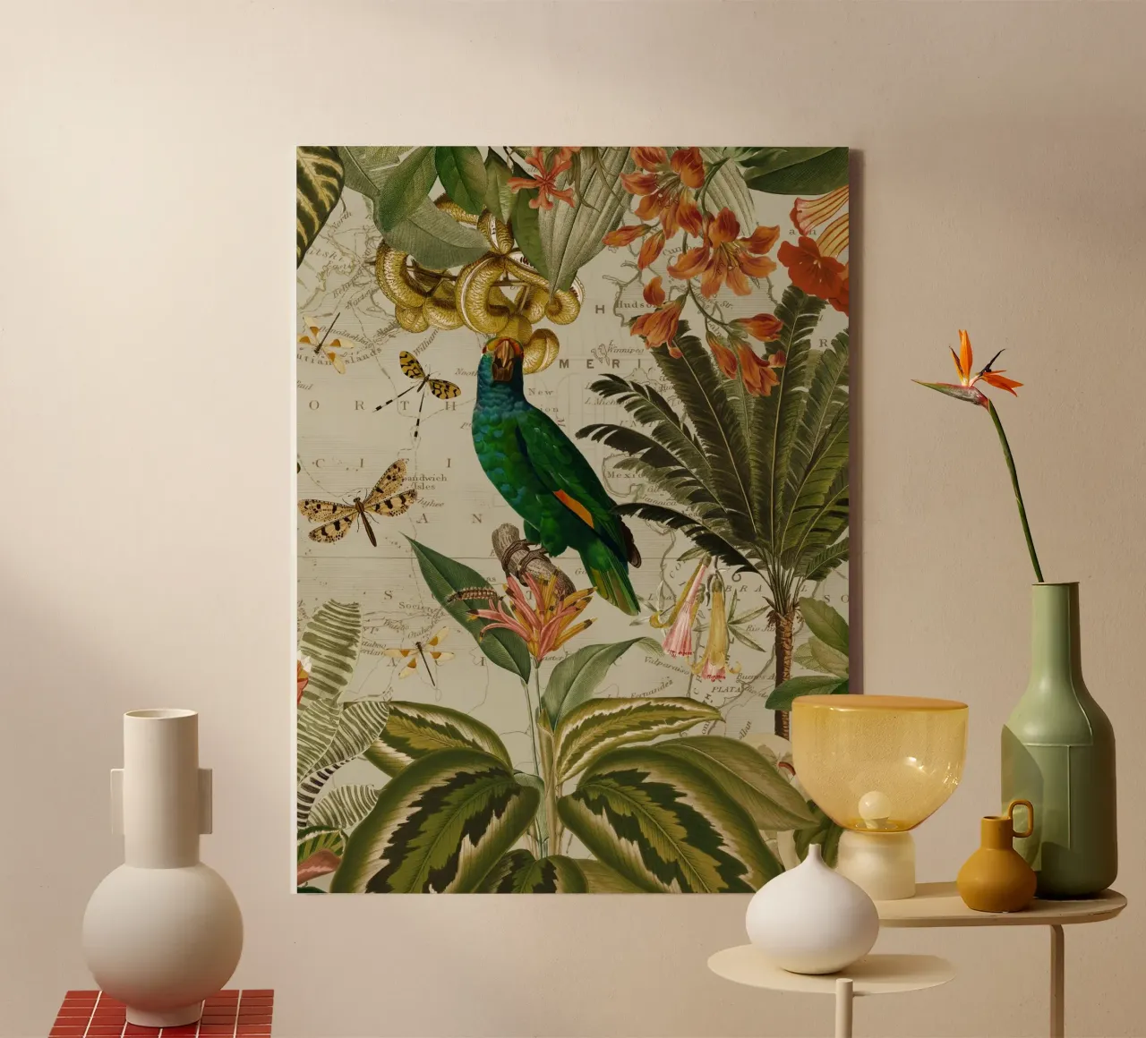 Pappagallo esotico colorato e nostalgico in una giungla tropicale 2 tela da Vintage World - Uta Naumann