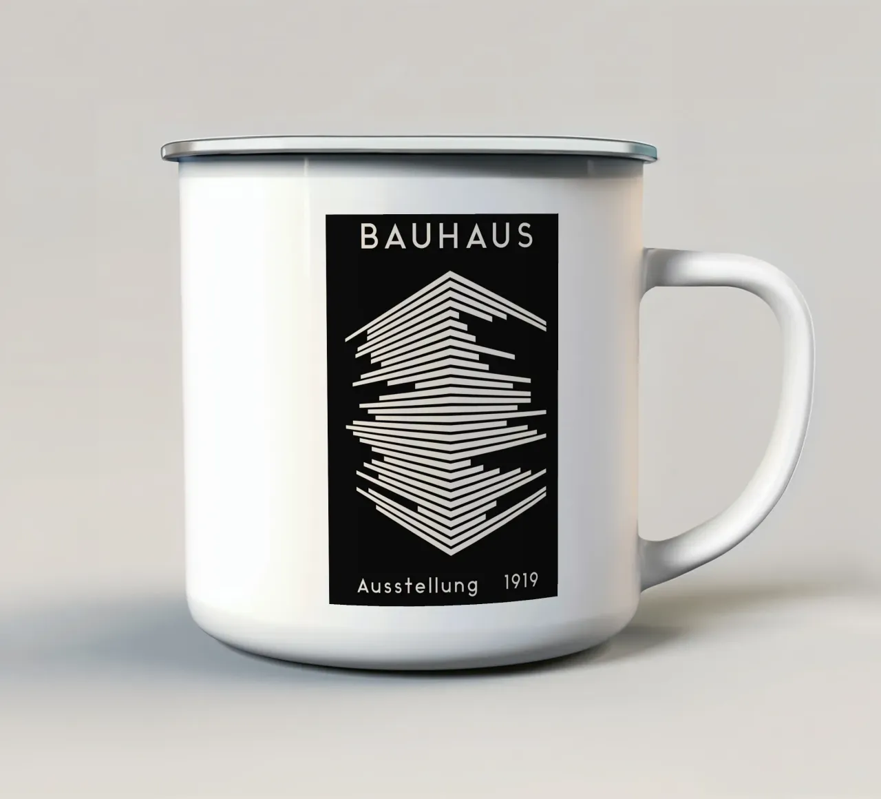 Bauhaus tentoonstelling 1919 - Geometrisch lijnontwerp emaille mok van Whole©