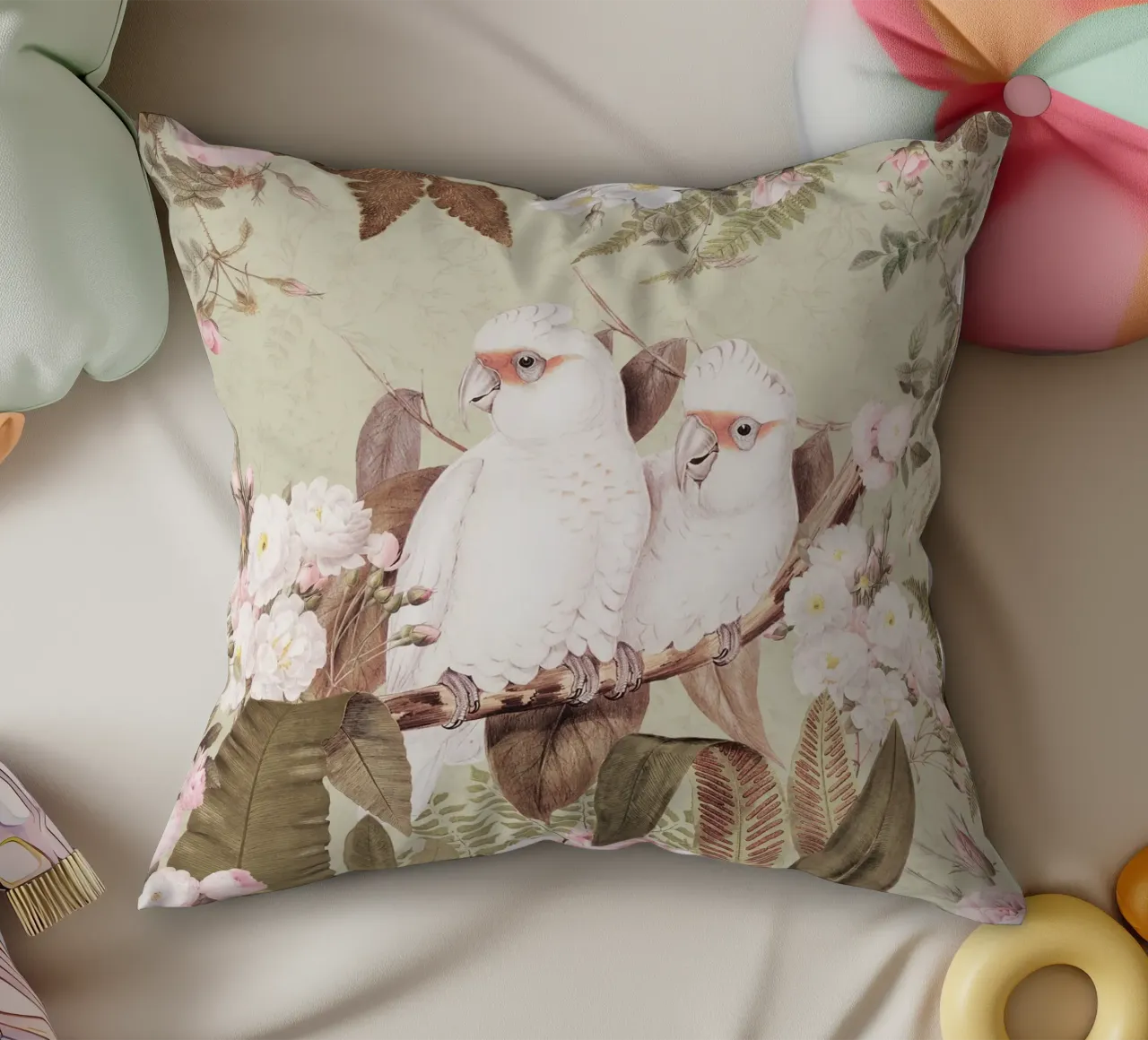 Cacatua esotici d'epoca in una splendida giungla di rose 1 cuscino da Vintage World - Uta Naumann
