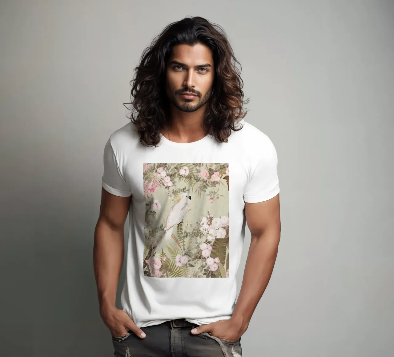 Cacatua esotici d'epoca in una splendida giungla di rose 2 t-shirt da Vintage World - Uta Naumann
