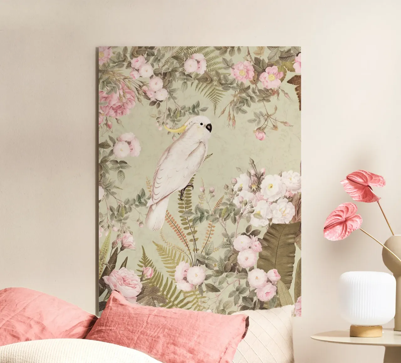 Cacatua esotici d'epoca in una splendida giungla di rose 2 alluminio dibond da Vintage World - Uta Naumann