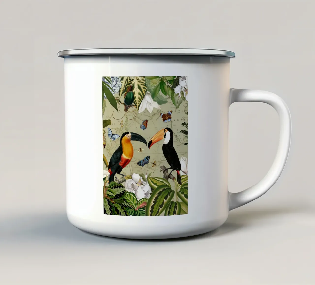 Tucani tropicali e farfalle nella giungla esotica tazza in smalto da Vintage World - Uta Naumann