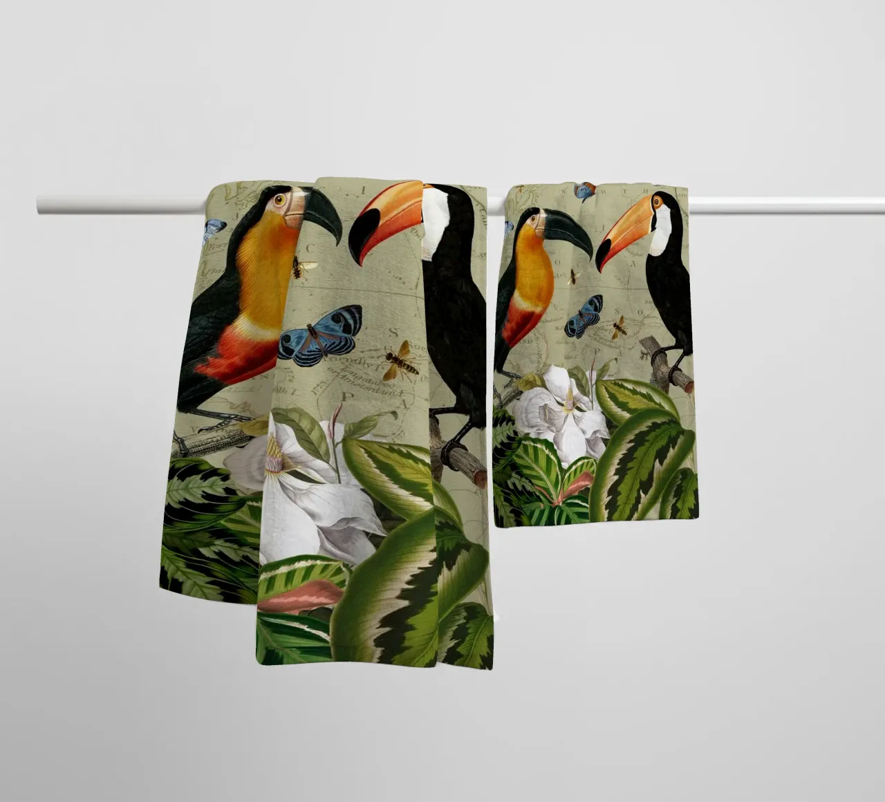 Tropical Toucans And Butterflies in Exotic Jungle towel by Vintage World - Uta Naumann
