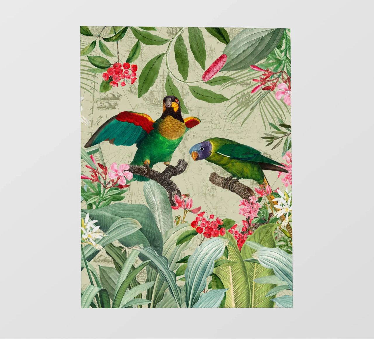 Pappagalli esotici colorati e nostalgici in una giungla tropicale 2 telo in pvc da Vintage World - Uta Naumann