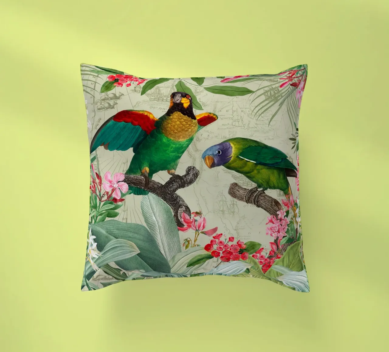 Pappagalli esotici colorati e nostalgici in una giungla tropicale 2 cuscino da Vintage World - Uta Naumann
