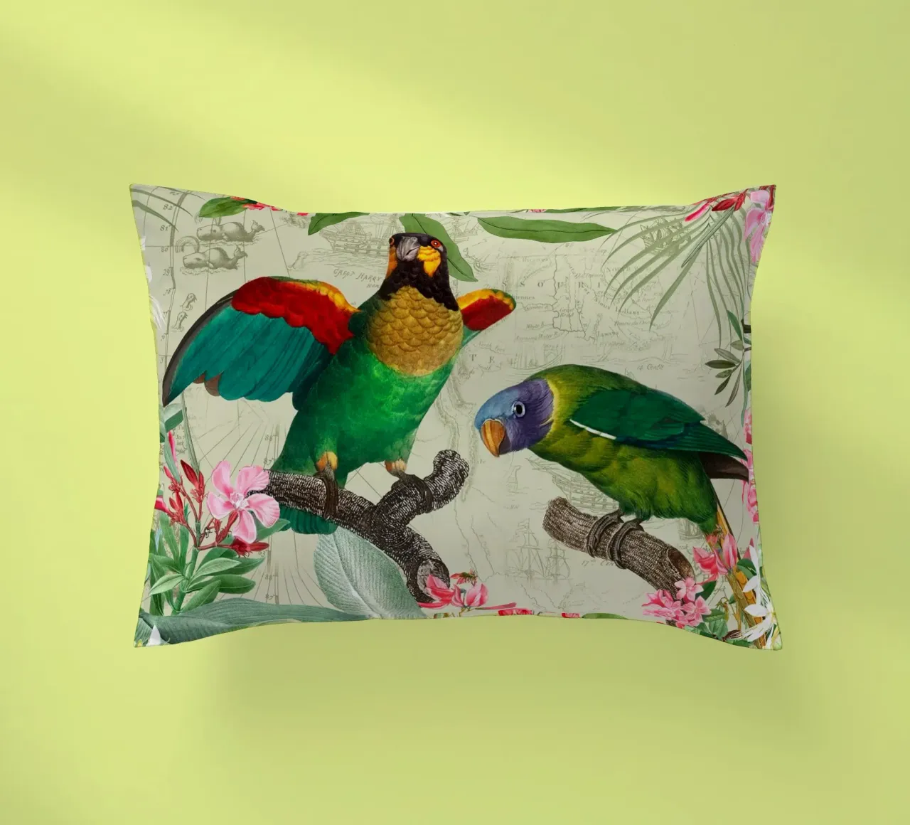 Pappagalli esotici colorati e nostalgici in una giungla tropicale 2 cuscino da Vintage World - Uta Naumann