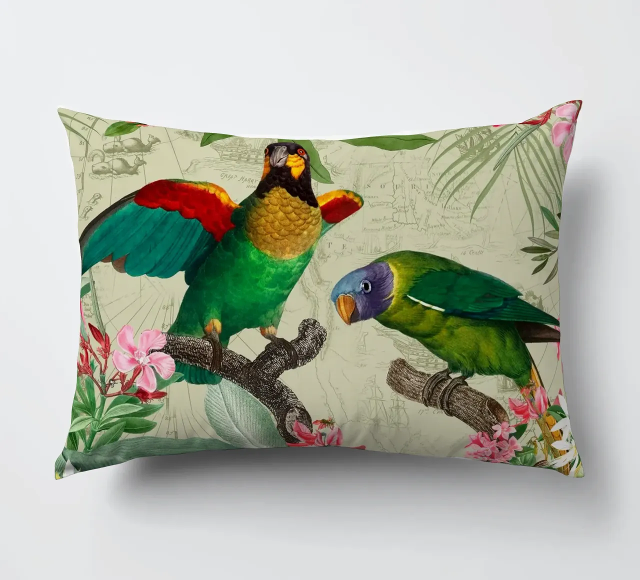Pappagalli esotici colorati e nostalgici in una giungla tropicale 2 cuscino da Vintage World - Uta Naumann