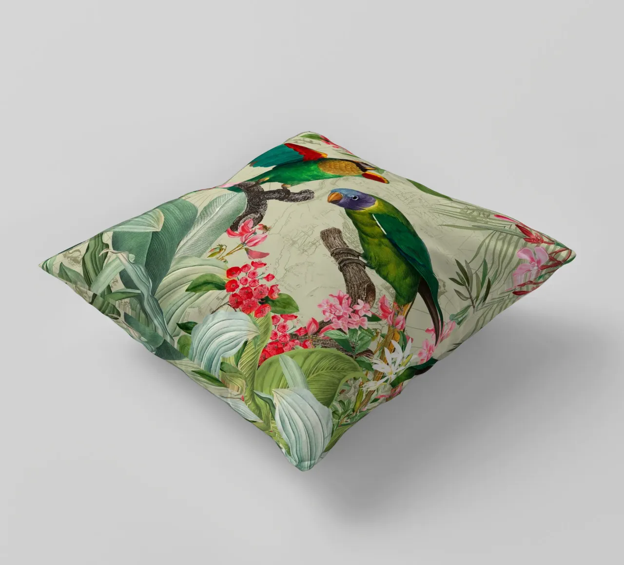 Pappagalli esotici colorati e nostalgici in una giungla tropicale 2 cuscino da Vintage World - Uta Naumann