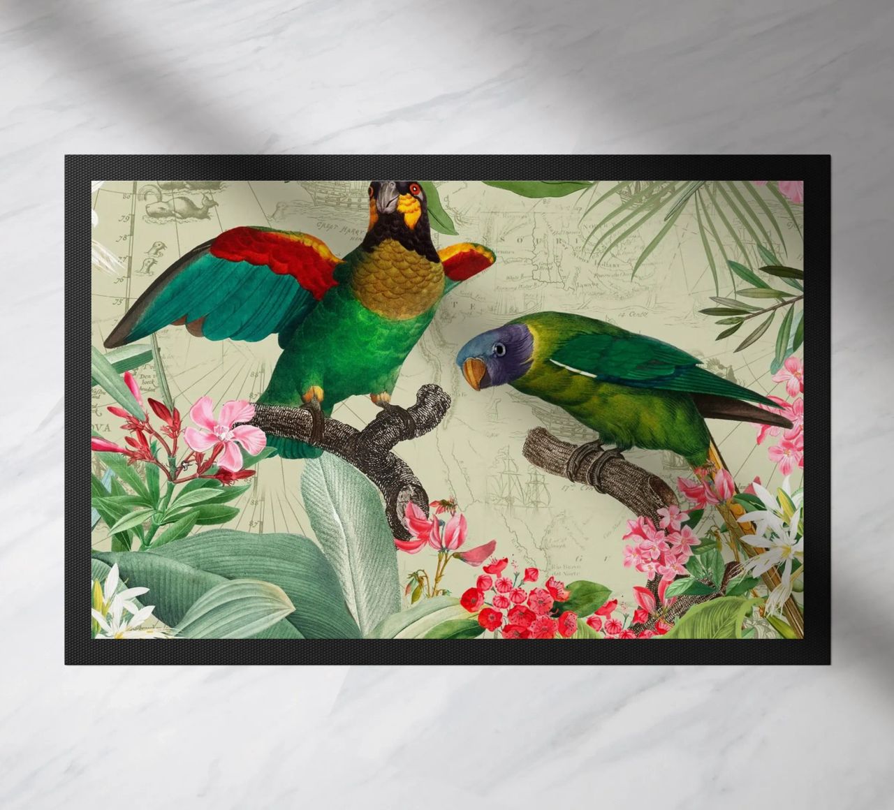 Pappagalli esotici colorati e nostalgici in una giungla tropicale 2 zerbino da Vintage World - Uta Naumann