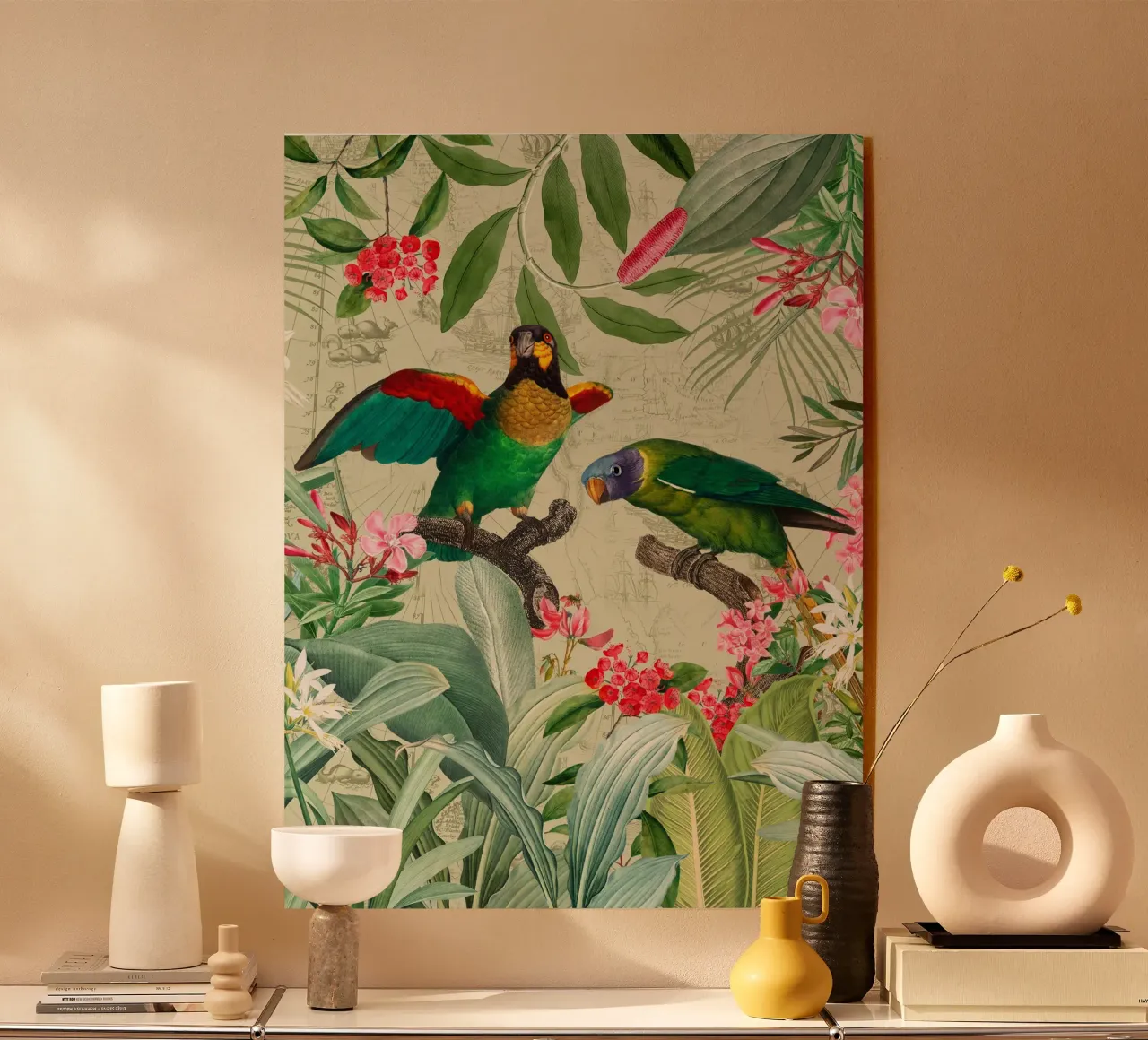 Pappagalli esotici colorati e nostalgici in una giungla tropicale 2 plexiglass da Vintage World - Uta Naumann
