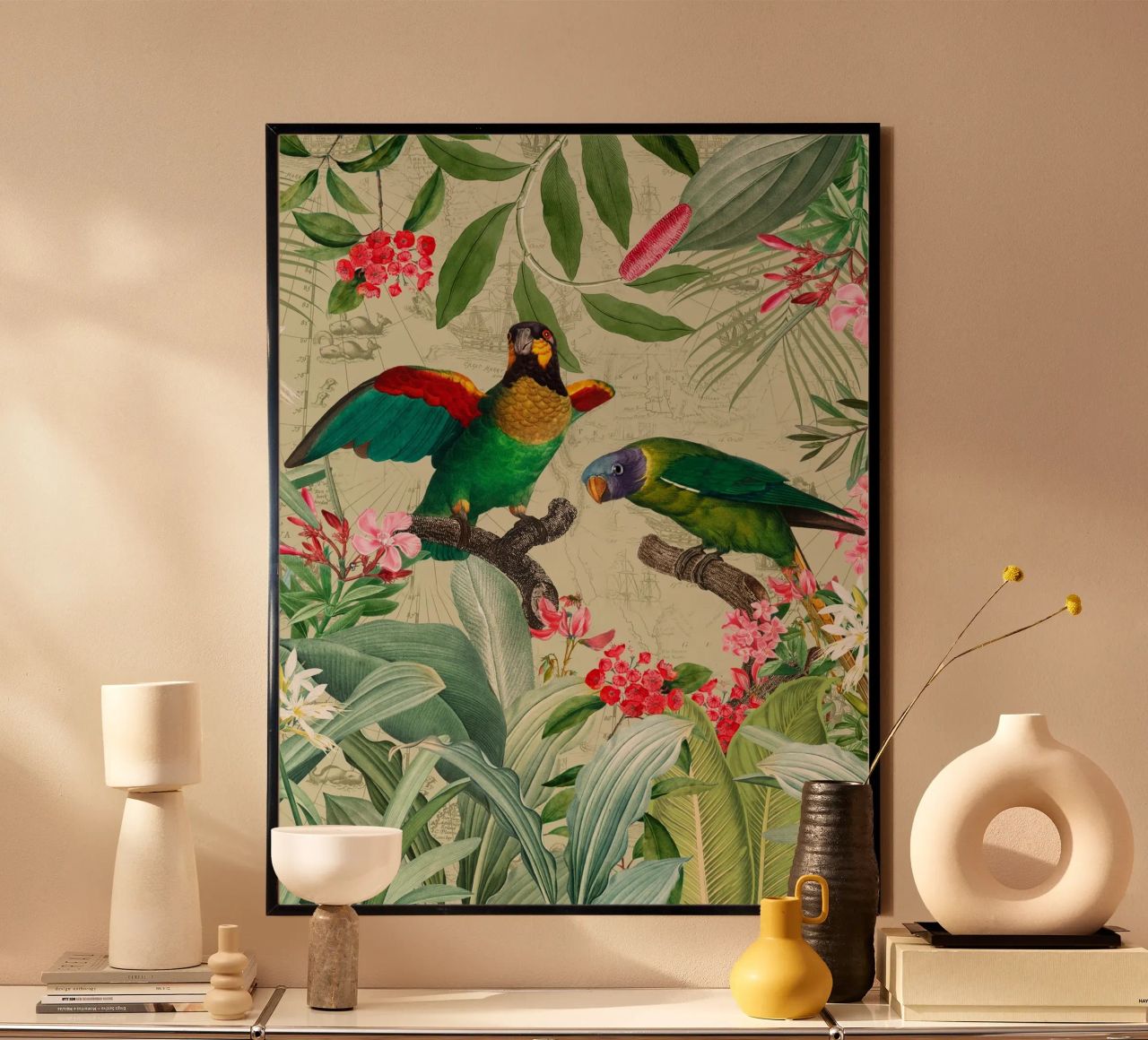 Perroquets exotiques colorés et nostalgiques dans une jungle tropicale 2 poster de Vintage World - Uta Naumann