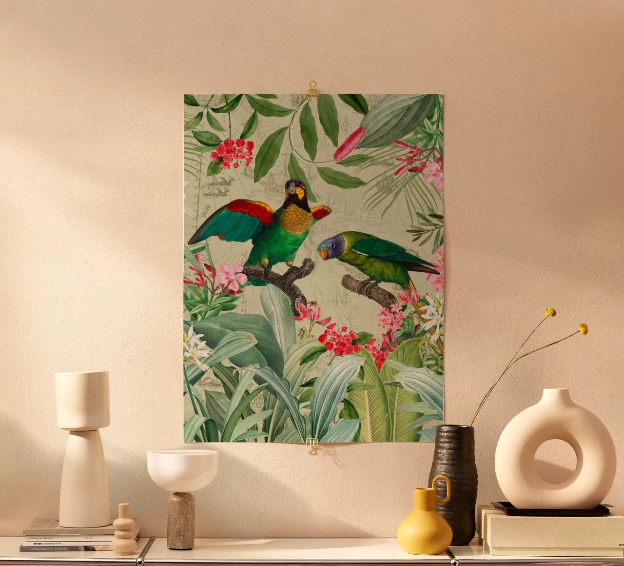 Perroquets exotiques colorés et nostalgiques dans une jungle tropicale 2 poster de Vintage World - Uta Naumann