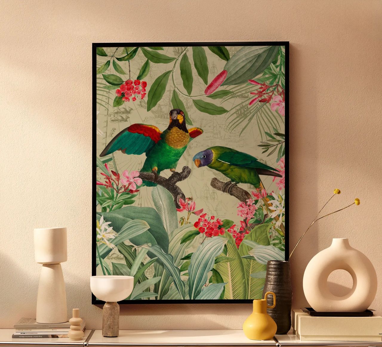 Perroquets exotiques colorés et nostalgiques dans une jungle tropicale 2 poster de Vintage World - Uta Naumann
