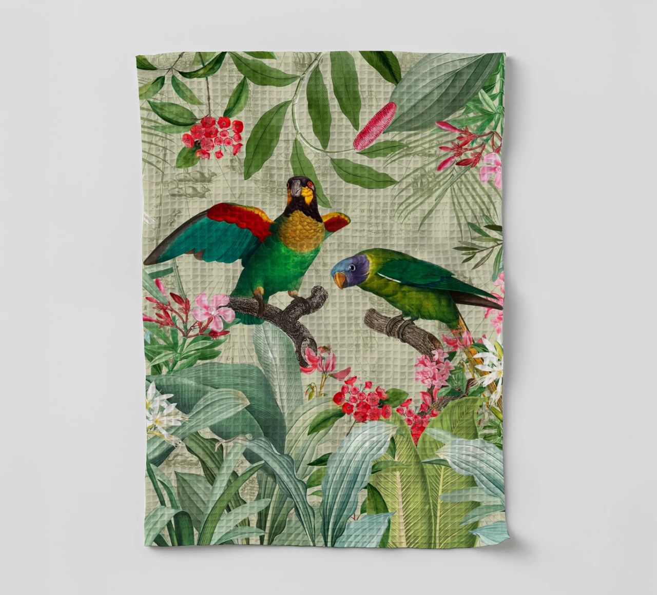 Perroquets exotiques colorés et nostalgiques dans une jungle tropicale 2 torchon de Vintage World - Uta Naumann