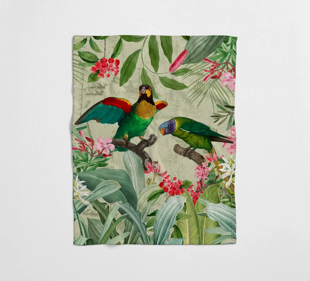Pappagalli esotici colorati e nostalgici in una giungla tropicale 2 coperta in pile da Vintage World - Uta Naumann
