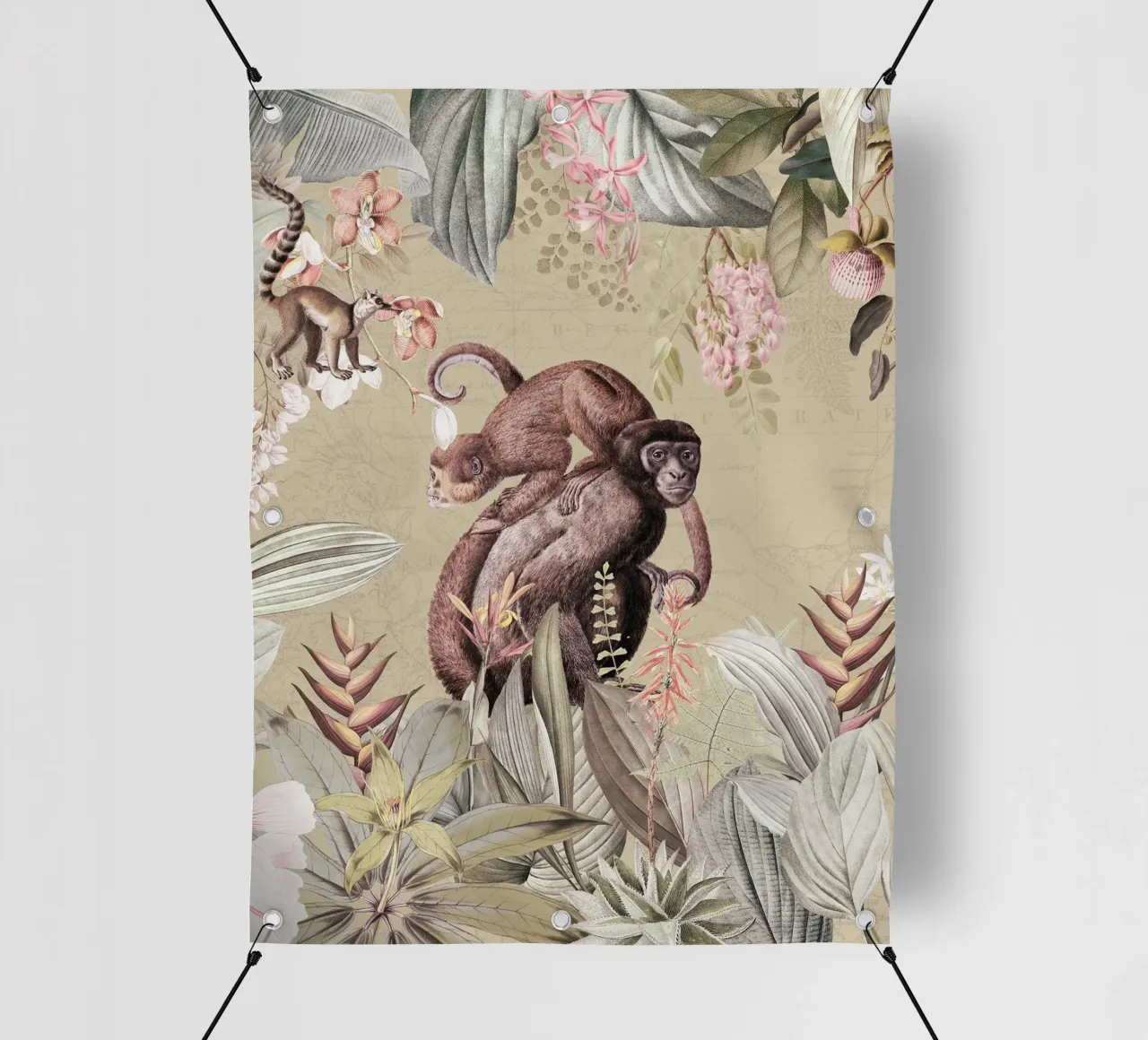 Scimmie esotiche felici in una giungla tropicale telo in pvc da Vintage World - Uta Naumann