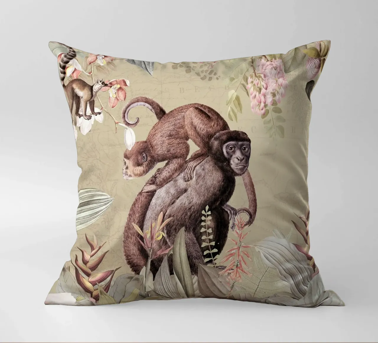 Scimmie esotiche felici in una giungla tropicale cuscino da Vintage World - Uta Naumann