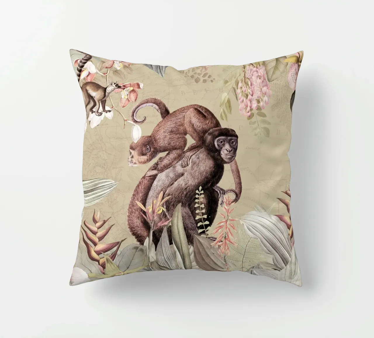 Scimmie esotiche felici in una giungla tropicale cuscino da Vintage World - Uta Naumann