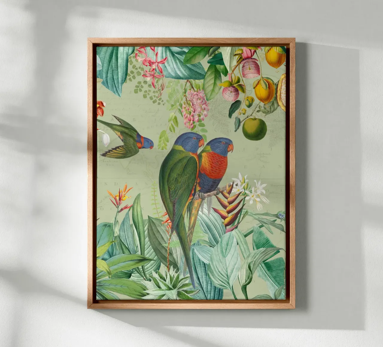 Pavoni colorati nella giungla tropicale tela con Cornice a cassetta da Vintage World - Uta Naumann